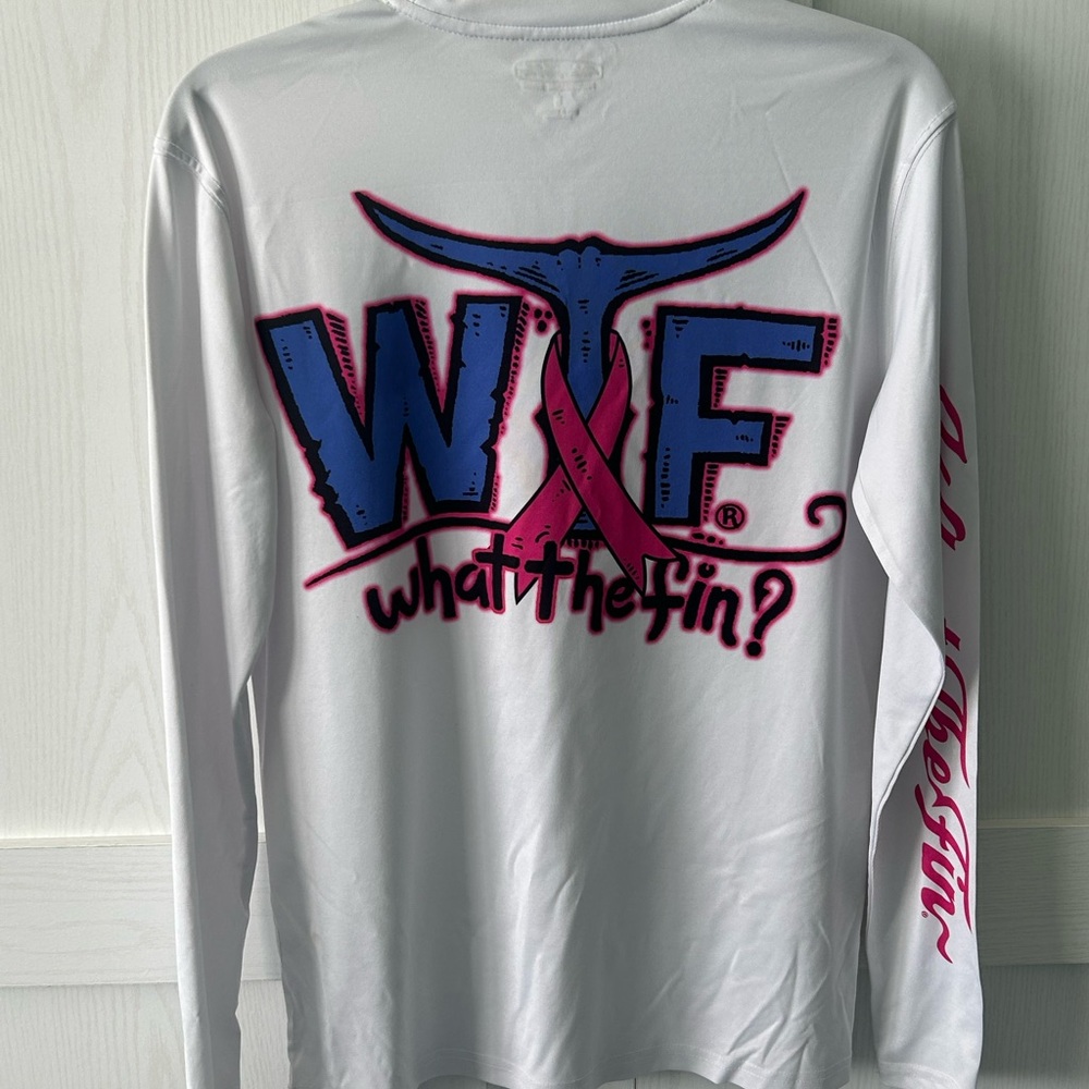 “What the Fin”long sleeve white Breast cancer awareness dry fit shirt